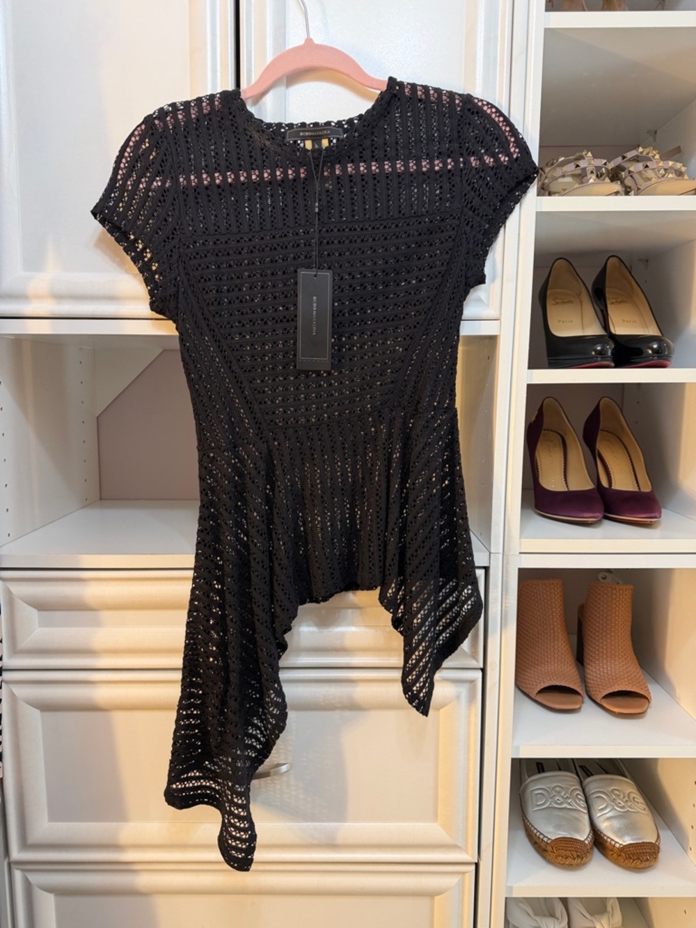 BCBGMaxAzria Black Crochet Asymmetrical Handkerchief-Hem Top